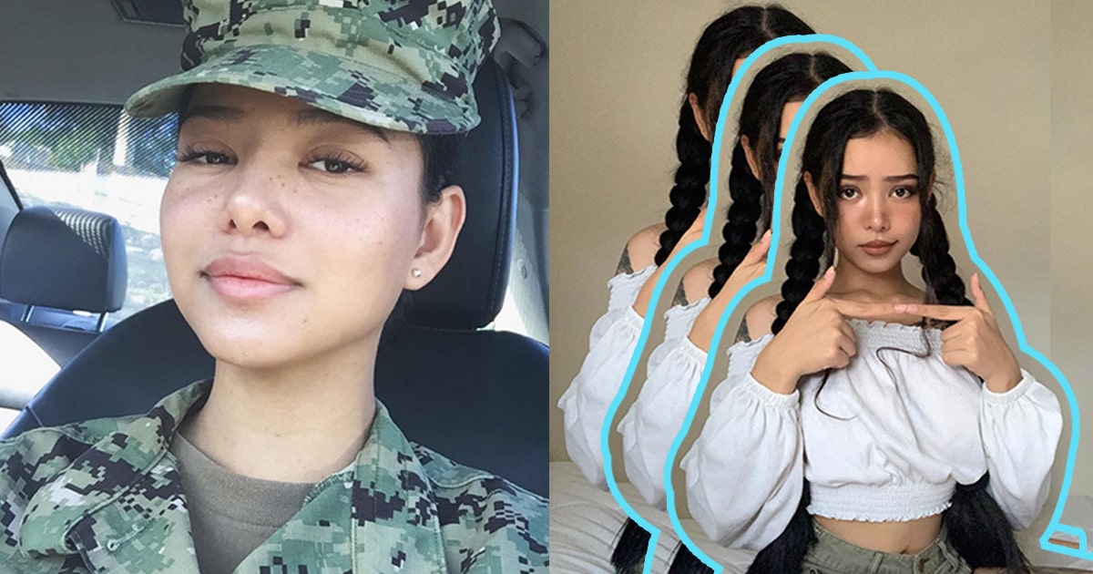 Две фотографии молодой девушки в военной форме и обычной, милой одежде