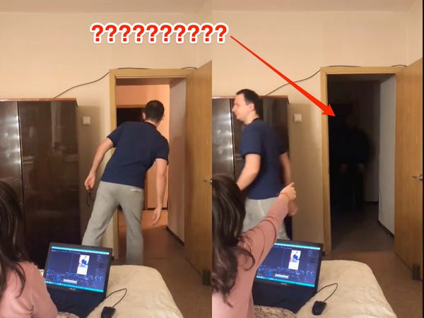 Два скриншота видео ТикТок, где мужчина и женщина находятся в одной комнате, а в тёмном коридоре видно нечёткую фигуру