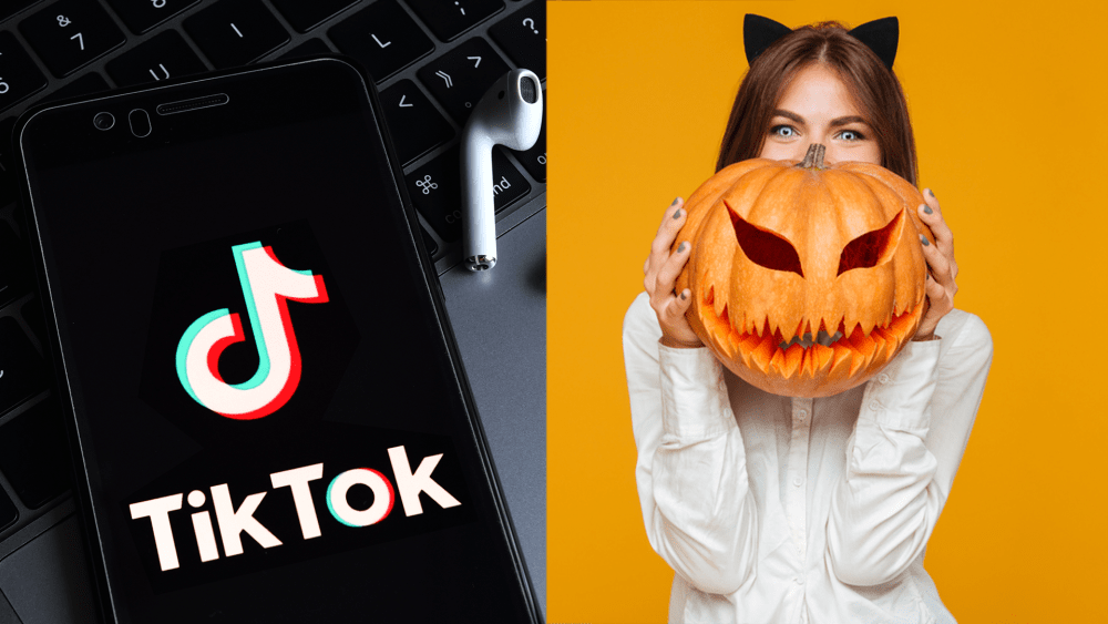 Слева - смартфон с логотипом ТикТок, справа - девушка с тыквой для Хэллоуина