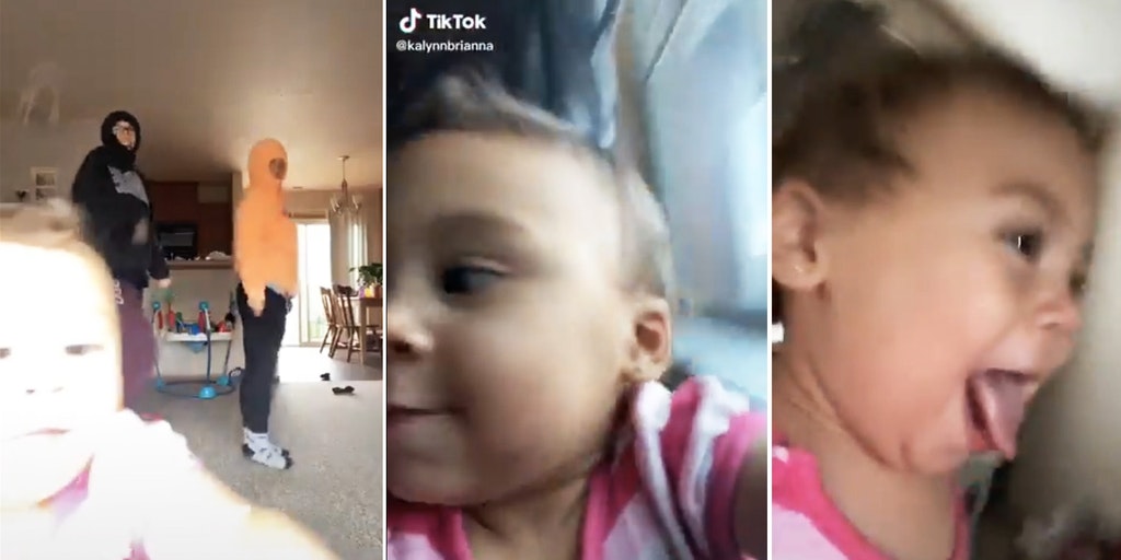 Три скриншота видео из ТикТок, на которых малышка ворует мамин телефон