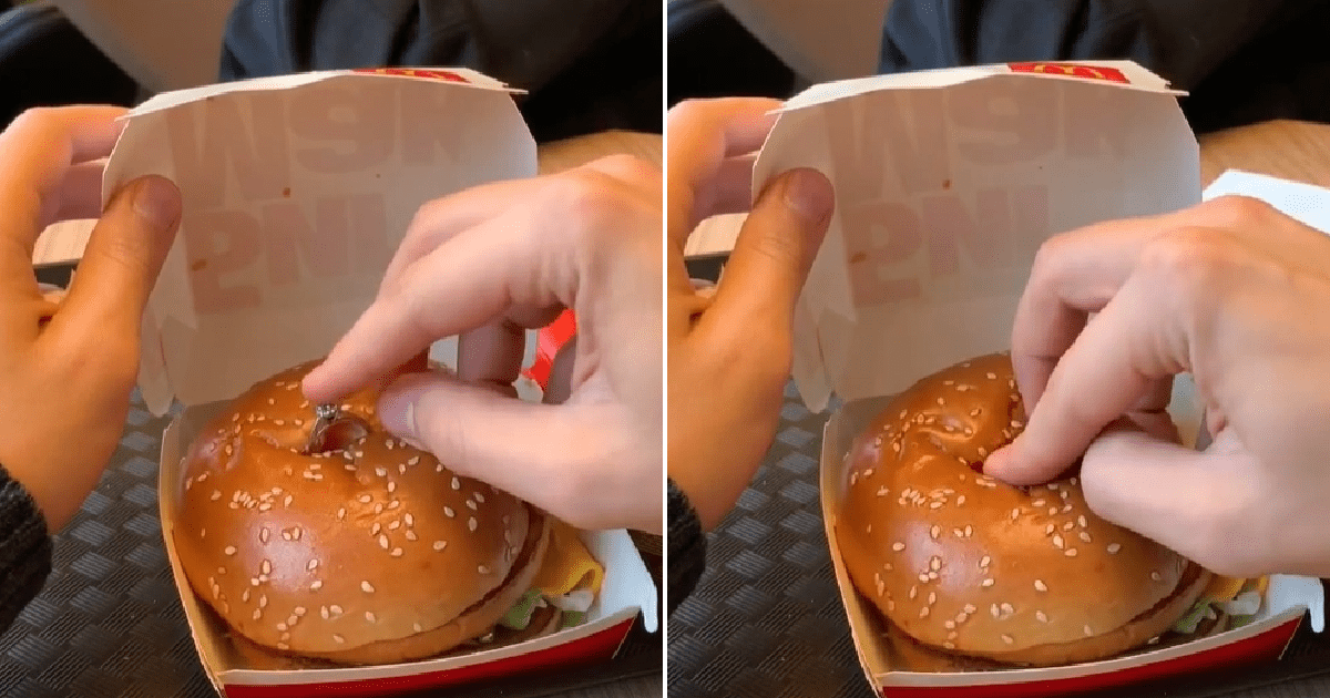 Два скриншота, где парень засовывает кольцо в бургер
