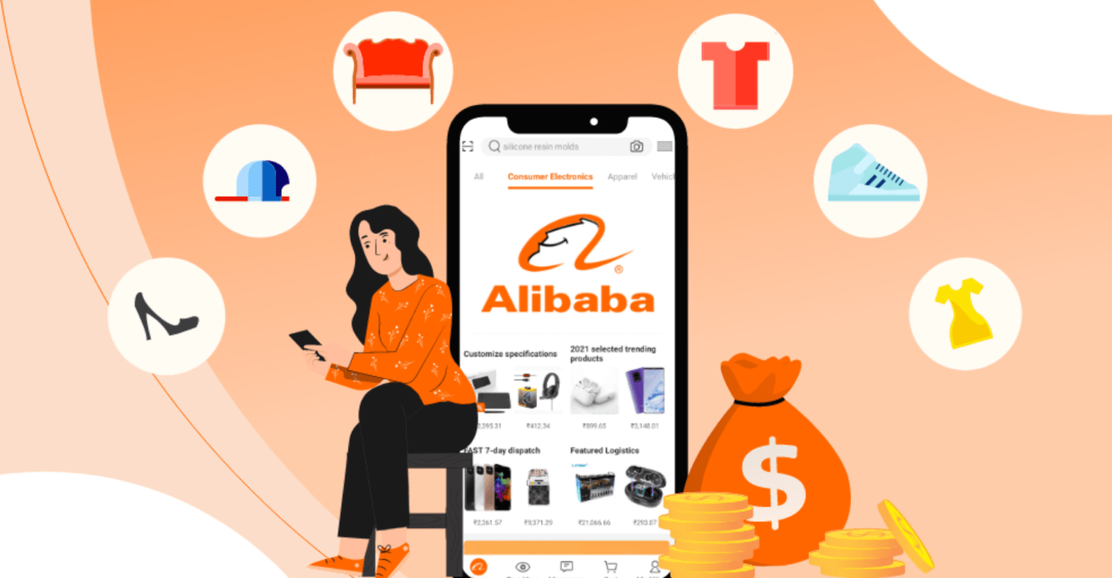 Нарисованная девушка сидит рядом с большим смартфоном, на экране которого магазин Alibaba